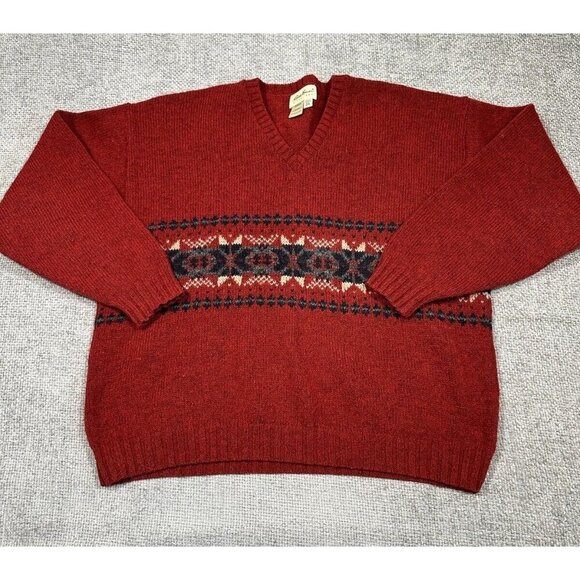 Vtg Eddie Bauer Sweater Men 2XL Red V Neck Wool Blend Fair Isle 90s USA Dad Read - Picture 1 of 11